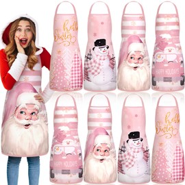 Langyiwee 8 Pcs Christmas Aprons for Women Pink Stripes Santa Snowman Christmas Tree Aprons Rose Gold for Kitchen Cooking BBQ Bib Funny Chef with Adjustable Neck Strap