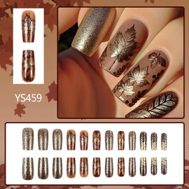 Vopintpy Vintage Thanksgiving Press on Nails Fall Glitter Maple Leaves Fake Nails Long Square Acrylic Glue on Nail Matte Autumn Maple Leaf Stick on Nail for Women DIY Manicure
