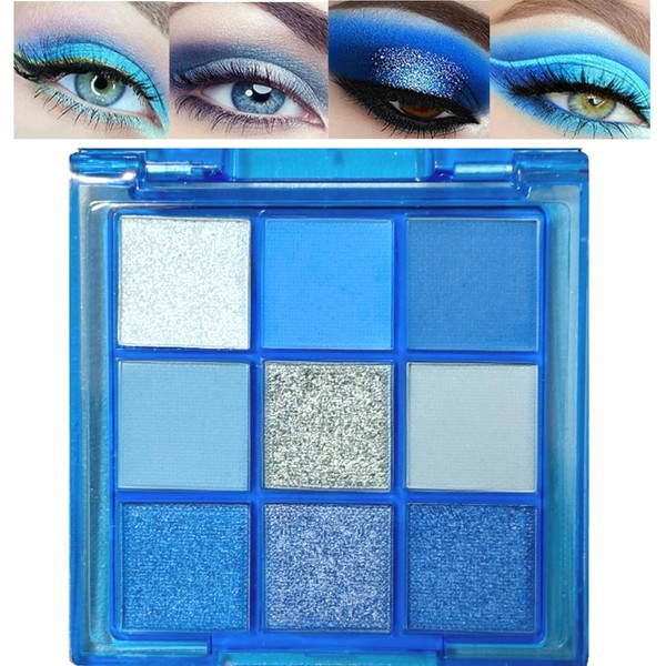 9 Colors Blue Eyeshadow Palette, Glitter Shimmer Matte Neutral Shades,