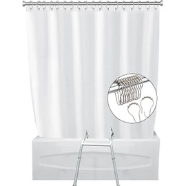 White Split Shower Curtain for Bath Transfer Benches, Polyester Fabric Bathroom Curtain, Bath Curtain with 12Hooks, 71 x 71inch