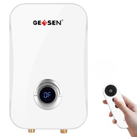 Tankless Water Heater Electric 9kW 240V, Geesen GE090T Point of Use Sink Instant Hot Water Heater Digital Display, Self-modulating Hard Wired Connection (Blue) (White-Remote-9.5kw)