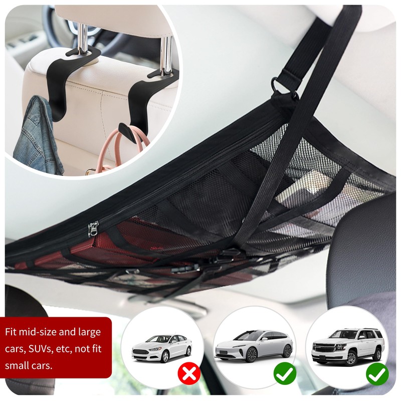 Car Ceiling Cargo Net with 2*Headrest Hook,Large Capacity Anti-Fall Cargo