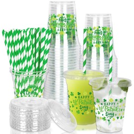 JarThenaAMCS 50Pcs St. Patrick's Day Disposable Plastic Cups with Lids and Straws 12oz Lucky Shamrock Clover Cold Beverage Drinking Cups for Irish Holiday Party Supplies
