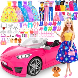 MINIFUN 91 Pcs Doll Convertible Car Set, Doll Clothes and Accessories, Doll Playset Dress up Toys for Girls Kids Toddlers, Gift Toys for Age 3 4 5 6 7 8