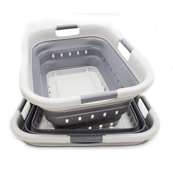 SAMMART 41L (10.8 gallon) Set of 2 Collapsible 3 Handled Plastic Laundry Basket-Foldable Pop Up Storage Container/Organizer-Space Saving Hamper/Basket (2, Grey/Dark Grey)