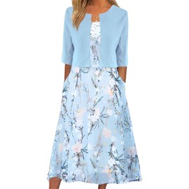 XNC Womens 2 Piece Set Fashion Fresh Plant Print Midi Dress V-Neck Half Sleeve with Jacket A-line Dresses Lounge Outfits