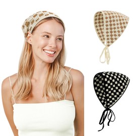 ZURLEFY Plaid Black Hair Scarf Bandanas for Women, Khaki Bandana Headband for Womens Headbands Mesh Hair Scarves Lightweight Head Scarf Hair Accessories (59H-04)