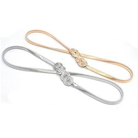 FATASH Women's Metal Elastic Belt, Stretchable Skinny Waist Belt with Designer Buckle, Fashionable Spring Dress Belt for Western Dresses - Silver