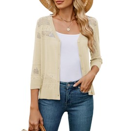 Bellcoco Women's 3/4 Sleeve Cardigan Lightweight Open Front Cropped Shrugs Hollow Out Knit Shrug Cardigan Button Sweaters Apricot,Medium