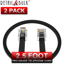 RetailAndBulk (2 Pack) 2.5 Foot Telephone Cord, Professional Grade Made in USA, 6P4C Male RJ11 Plugs with 50 Micron Gold Contacts, Pure Copper Wire Phone Line Cable (30 Inches, Black)