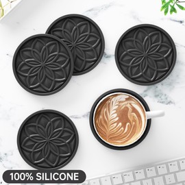 HFHOME Coasters for Drinks 6 Pack Silicone Coasters Set with Holder, Drink Coaster for Coffee Table, Table Cup Mat Desk Coaster for Drinks, Bar Coasters for Home Decor Tabletop Protection Gift - Black