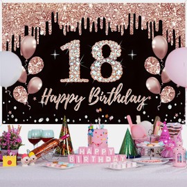 18th Birthday Decorations for Girls, Party Decoration Black and Rose Gold Fabric Sign Hanging Poster, 18th Birthday Backdrop Banner Party Welcome Sign