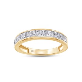 Wishrocks 1 Carat 2.5MM Princess Cut Lab Created Moissanite Half Eternity Ring for Women In 14K Yellow Gold Plated Sterling Silver Stackable Promise Wedding Band(VVS1 Clarity, 1.00 Cttw)-8