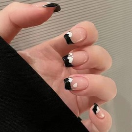 Handcess Square French False Nails Pink Glossy Fake Nail Short Press on Nails Ballerina Heart Acrylic Stick on Nails for Women and Girls(24pcs)