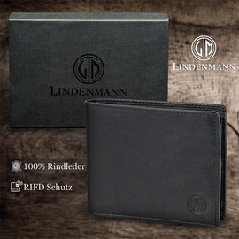 LINDENMANN Men's Wallet, Cowhide Leather, Matt, Black, black