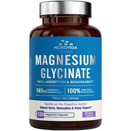 NordVida Magnesium Glycinate, 140 mg Elemental Magnesium Per Serving, Non Buffered, Max Absorption, Nerve Health & Relaxation Support, 120 Vegetarian Caps