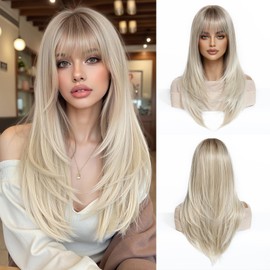 Esmee Long Straight Blonde Wigs for Women with Fringe Natural Synthetic Hair Ombre Wig for Daily & Party Use