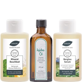 Saunabedarf Schneider - Hautpflege-Set Soft Skin - 250 ml Mineral Duschbad, 100 ml Jojobaöl, 250 ml Bergtau - Mix