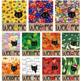 Seasonal Garden Flags Set of 11, Double Sided 12 x 18 Inch Black Cat Yard Flags, Small Flags for Outside, Spring Summer 4th of July Outdoor Flags, Welcome Holiday Garden Flags for All Seasons