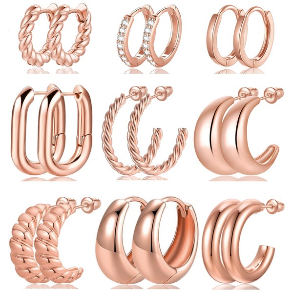 9 Pails Rose Gold Hoop Earrings set for Women Trendy,Hypoallergenic
