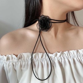 Xmsrn Vintage Layered Black Suede Leather Choker Necklace Mesh Flower Pendant Necklace Large Lace Flower Choker Necklace Long Black Leather Necklace Black Leather Wrap Choker Necklace for Women
