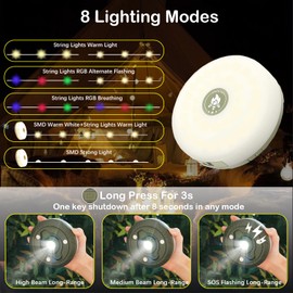 2-Pack Camping String Lights, 4 in 1 Outdoor String Lights with 8 Lighting Modes, Quick Storage, USB Charging, Portable Camping Lights Rechargeable, 32.8ft Waterproof Tent Lights for Camping,Christmas