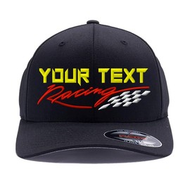 Custom Embroidered Racing Flex Baseball hat. Your Racing Logo or Name here. Flex Baseball 6277/6477 Wooly Combed Baseball Hat (Black, S/M)