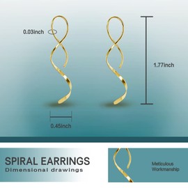 Spiral Threader Earrings for Women, 18G Stainless Steel Drop Dangle Handmade Twisted Linear Curved Dangling Minimal Earrings (Gold)