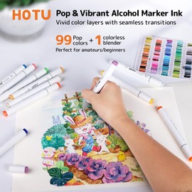 HOTU Alcohol Markers, [Beginner Preferred] 100 Vibrant Colors & Dual Tips Art Markers for Kids/Adult Coloring, with Pro Ink, Seamless Blend, Non-Bleeding Pad, & Color Card, for Amateurs/Artists