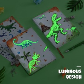 Watercolor Dinosaur Notebook Set - Luminous Journal Gift for Boys Kids School Travel Private Diary Hardcover A5 Lined Memos Writing Drawing Notepad Ballpoint Pen Stickers with Lock and Keys