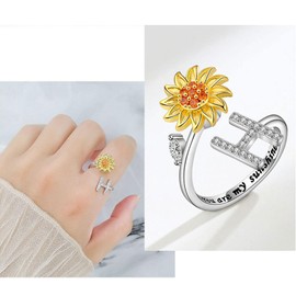 VYYU Fidget Ring with Beautiful Sunflower & Initial Letter ABC to XYZ - You are My Sunshine Anxiety Relief Stress Open Rings | Reliever Spinner Stress Relief Sunflower Gifts for Women Wife Daughter, H