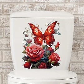Butterfly Roses Flower Toilet Cover Sticker Decals,Spring Flower Leaf Butterfly Waterproof Toilet Lid Tank Seat Decals Cistern Self-Adhesive Bathroom Wall Sticker