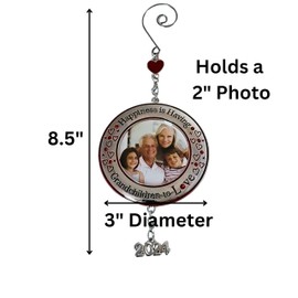 Grandchildren Photo Christmas Ornament - 2024 Charm - Happiness is Having Granchildren to Love - Red Jewels and Hearts - Red Storage/Gift Bag Included - 3" Dia - 8.5" Hanging Height - Holds 2" Pic