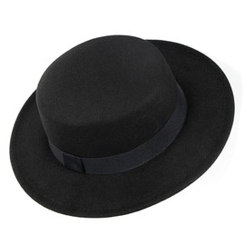 Wide-Brim-Felt-Panama-Fedora-Hat with Flat-Top-Pork-Pie Cap for Women Men (Size:M) Black