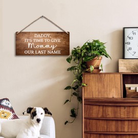 FUGWN Daddy It’s Time to Give Mommy Our Last Name Wedding Hanging Wooden Signs 12x6, Last Name Signs for Wedding, Ring Bearer Sign, Wedding Signage, Wedding Signs, Rustic Wedding Decor