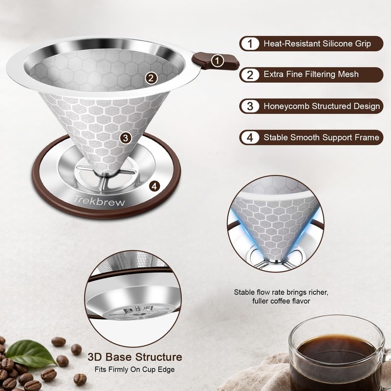 Pour Over Coffee Dripper, Stainless Steel Coffee Filter 600 Mesh