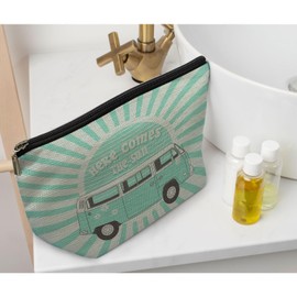 Ayxvt Here Comes the Sun Retro 70s Hippie Orange Bus Sunshine Ray Cosmetic Bag Decorative Women's Makeup Bag Zipper Pouch Travel Toiletry,Birthday Gifts for Teen Girls (Green)