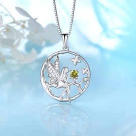 FJ Guardian Angel Necklace Pendant, 925 Sterling Silver, Angel Chain, Women's Fairy Butterfly Tree of Life Necklace with Birthstone, Cubic Zirconia Jewellery Gifts for Women and Girls, Peridot