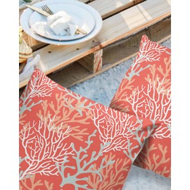 Pack of 2 Outdoor Pillow Covers 18x18 Waterproof Orange Ocean Coral Throw Pillow Covers, Decorative Pillowcases Nautical Coastal Summer Beach Cushion Covers for Patio Garden Couch Pillow Case