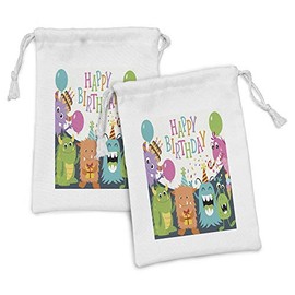 Ambesonne Birthday Party Fabric Pouch Set of 2, Little Monsters the Celebration Cones Rain and Balloons Image, Small Drawstring Bag for Toiletries Masks and Favors, 9" x 6", Multicolor