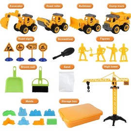 Sand Construction Kit,Sandbox,2.2lbs Magic Sand W/4 Take Apart Construction Trucks,Tower Crane,8 Sand Molds,4 Worker Figures,4 Road Signs,Toys for Boys Girls Age 4-8 Yellow,Brown