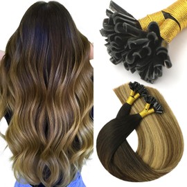 VINBAO U Tip Hair Extensions 50Strands, Remy Straight Natural Black Ombre Dark Brown Mix Blonde Real Hair Extensions, Hot Fusion for Invisible Stable 40g 16inch (#UTip1B/4/27, 16'')