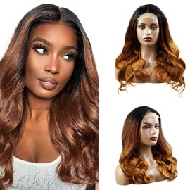 Weeybay Body Wave 4x4 Lace Front Wig #1B4/30 Three Tone Black and Dark Brown Mixed With Honey Blonde Human Hair Wig 8A Glueless Baby Hair 28 Inch