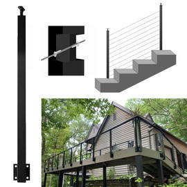 Qrooviiy 30 Degree Cable Railing Post- 42" x 2" x 2" - 10 Pre-Drilled Slant Holes - Black Stainless Steel Adjustable Top Curved Bracket Right Side Stair Railing Post - Wall Mount - 1Pack