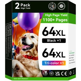 64XL Ink Cartridge Combo Pack Black/Tri-Color for HP Ink 64 Works for Envy Photo 7855 7858 7155 6255 6200 7100 7800 for Tango Series for Envy Inspire 7900e 7955e 7255e 7950e Printer