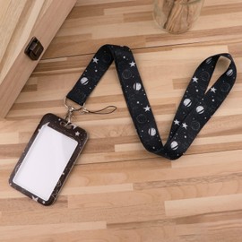 Juanooo Black Moon Lanyard with Card Holder for Keys Cute Planet Key Lanyard for Women Men Staff School ID Lanyard for Students