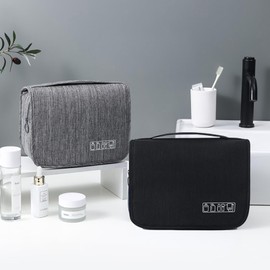 Hanging Toiletry Bag, Waterproof Travel Makeup Organizer for Women, Portable Wash Bag for Camping and Outdoor, Multifunctional Travel Cosmetic Bag with Ample Capacity (Black & Grey)