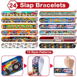 48PCS Monster Truck Themed Party Set | 24PCS Slap Bracelets & 24PCS Rubber Bracelets Truck Silicone Wristbands Birthday Party Supplies Decorations Gifts Carnival Prizes