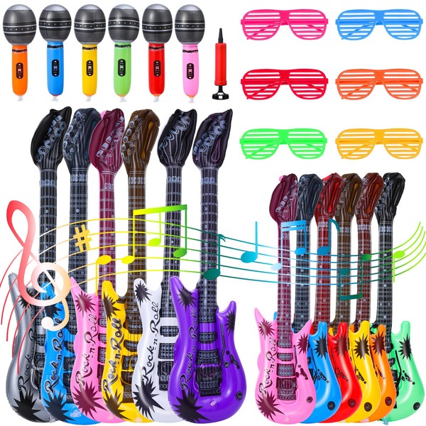 GSrenyu 25 Pcs Inflatable Guitar,Inflatable Microphone,Inflatable Instruments Set with Sunglasses
