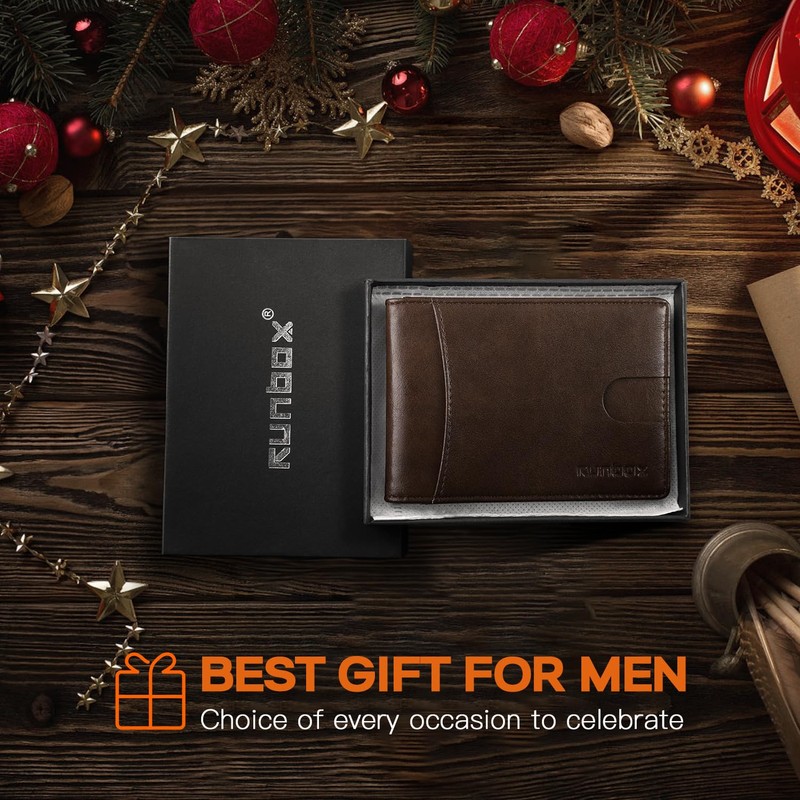 RUNBOX Slim Wallet for Men Genuine Leather RFID Blocking Bifold
